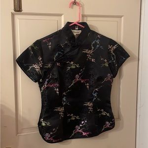 Vintage Chinese Oriental Black Kimono Floral Top Blouse. Sz: M NEW! No Tags!